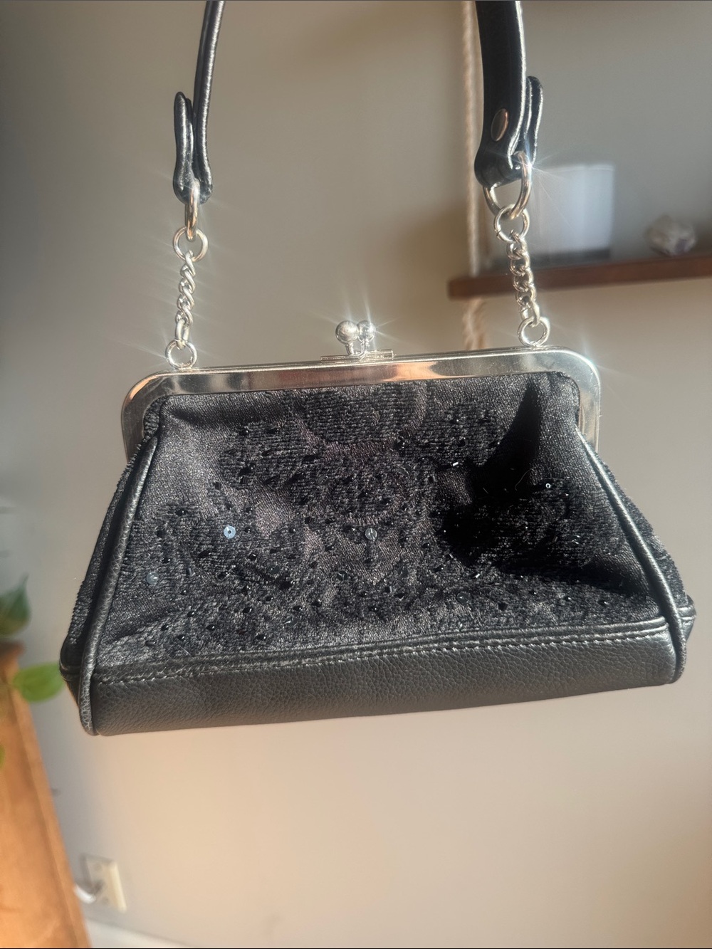 Vintage Black Sequin Frame Clutch with Chain Strap